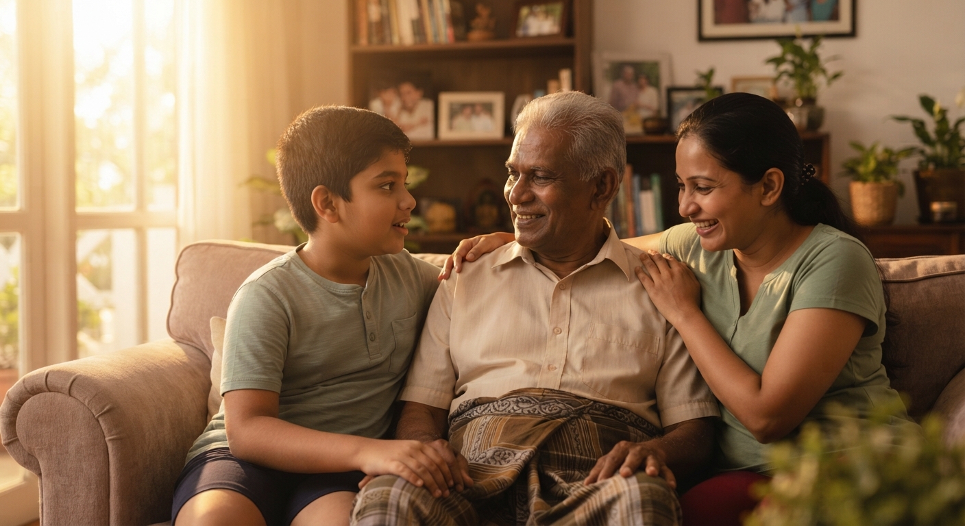 Family talking with an older relative who has signs of hearing loss