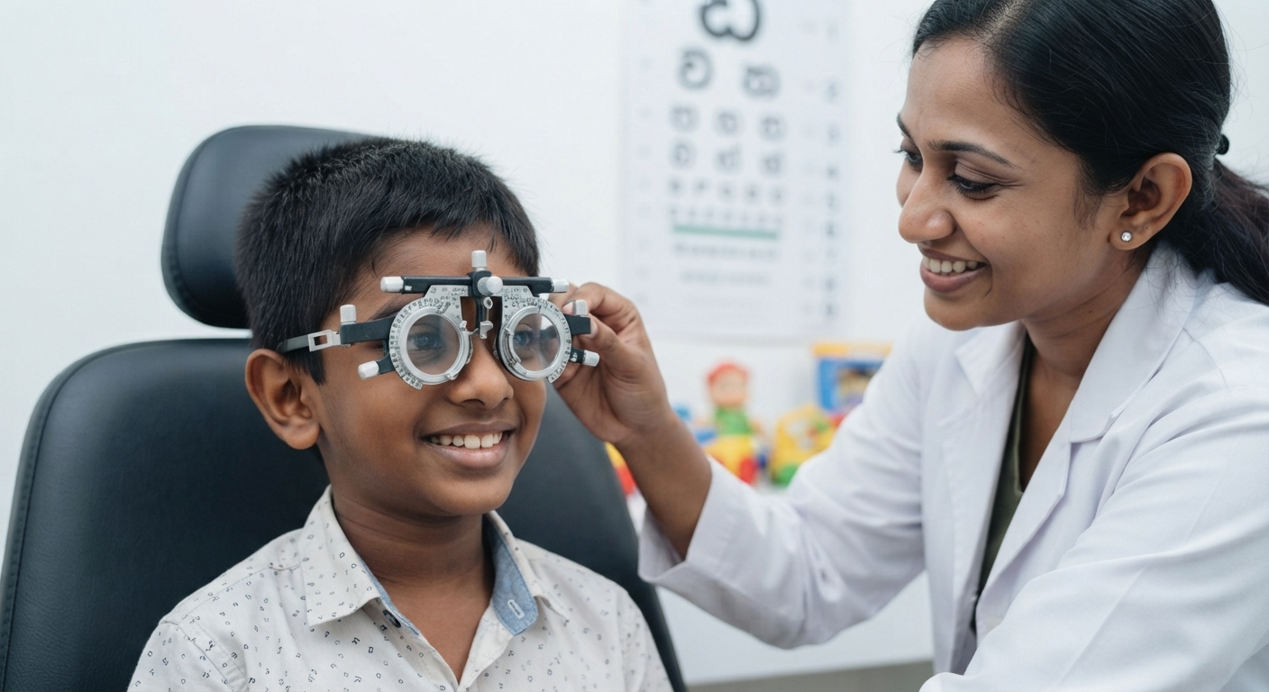 Child having a children's eyes examination at Mount Lotus Eye & ENT Hospital