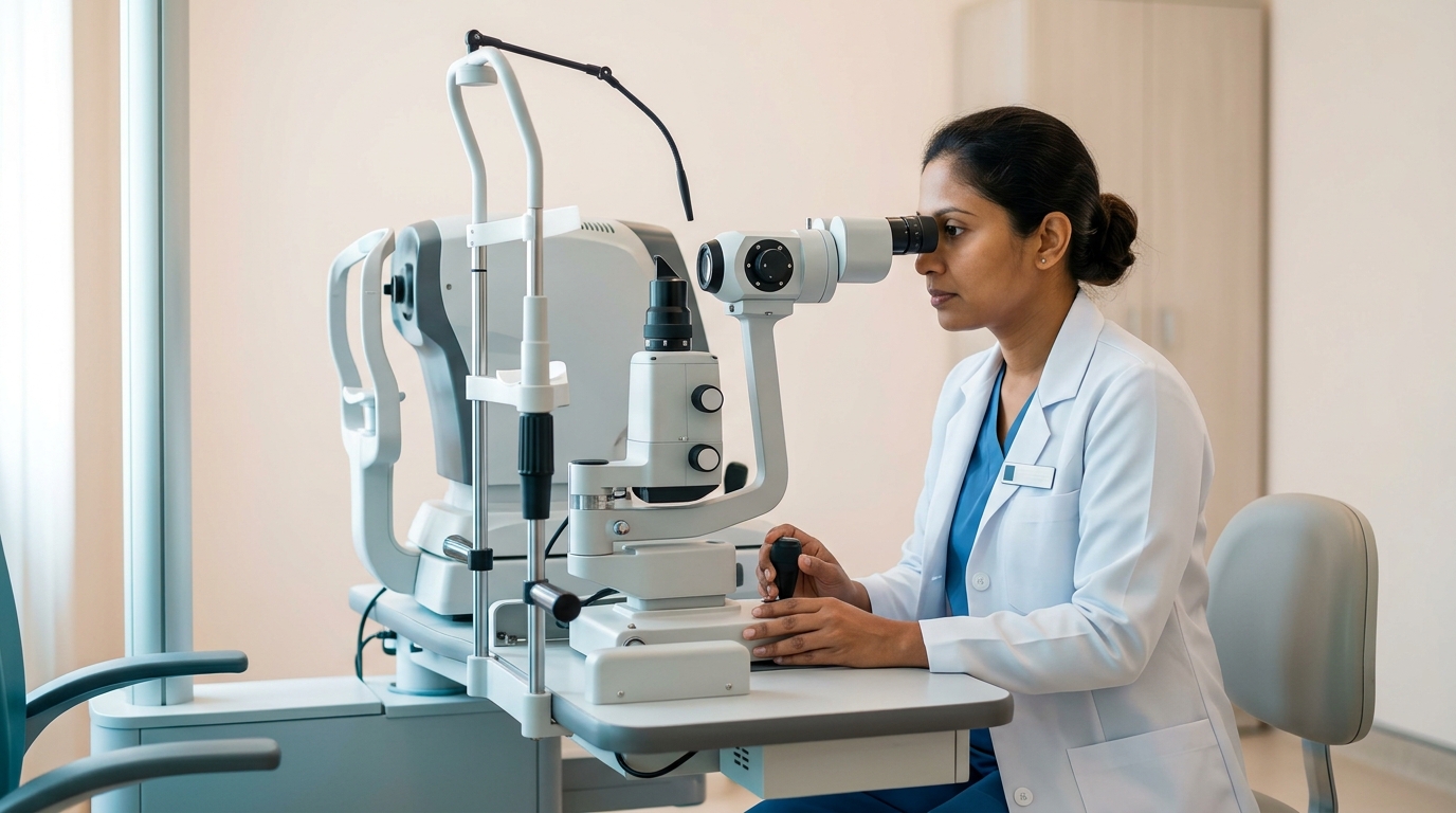 Ophthalmologist at an SLT laser used for glaucoma treatment at Mount Lotus Eye & ENT Hospital