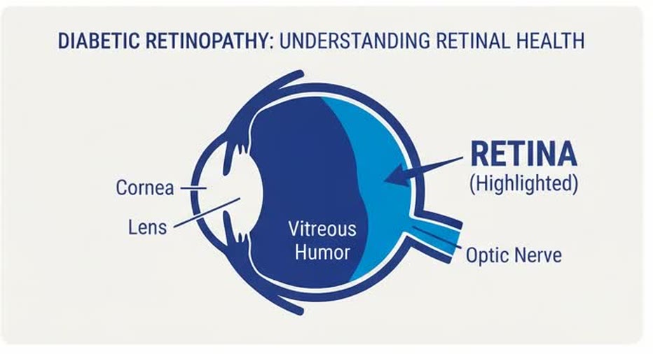 Diagram of the eye highlighting the retina, the layer diabetic retinopathy damages