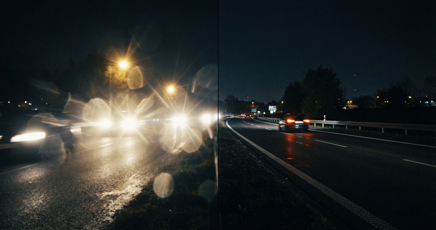 Night driving with a cataract compared with clear vision - headlights scatter into glare