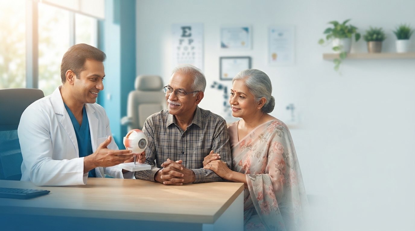 A surgeon mapping the full cataract surgery plan for both eyes with an eye model