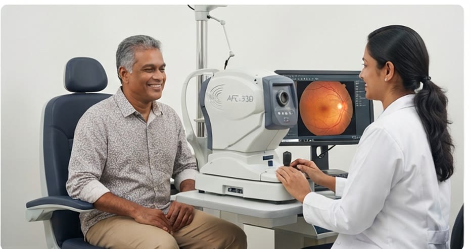 Patient having retinal imaging before cataract surgery at Mount Lotus Eye and ENT Hospital