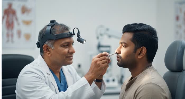 ENT specialist examining a patient for chronic sinusitis at Mount Lotus Eye & ENT Hospital