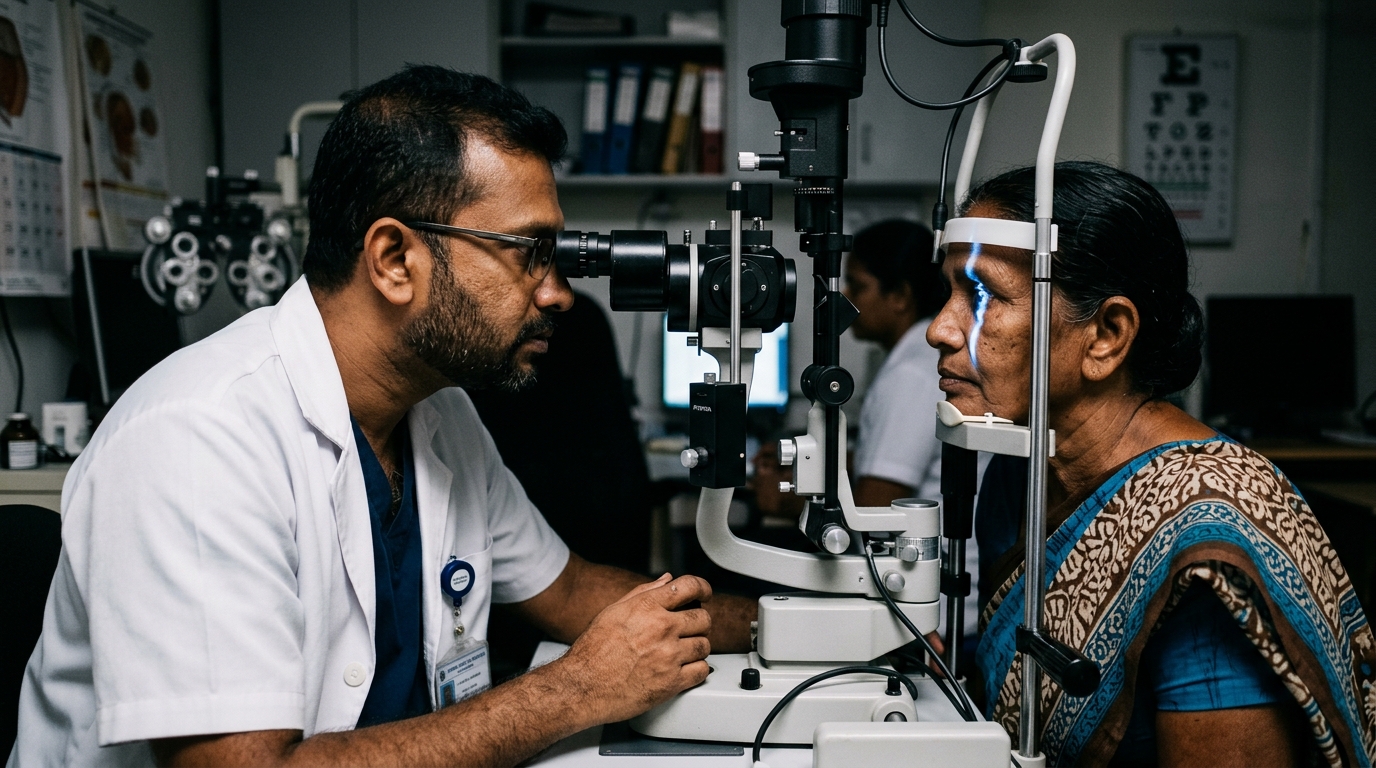 Slit lamp examination to diagnose a cataract at Mount Lotus Eye & ENT Hospital